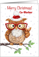 Merry Christmas Co-worker Cool Owl with Eyeglasses Showing V sigh card
