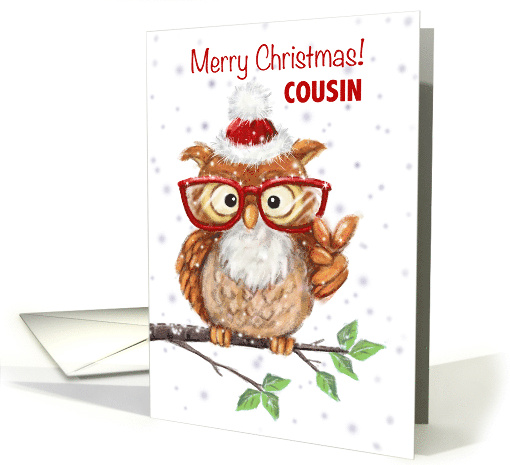 Merry Christmas Cousin Cool Owl with Eyeglasses Showing V sigh card