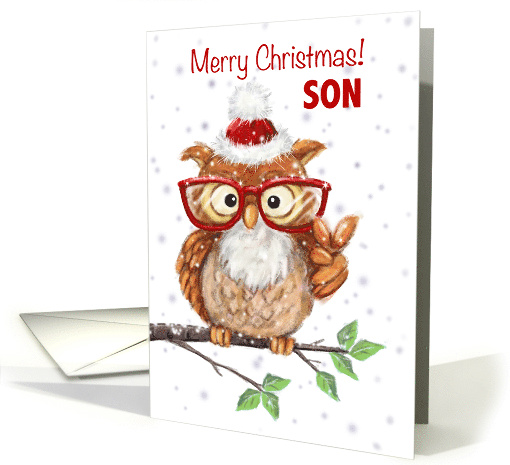 Merry Christmas Son Cool Owl with Eyeglasses Showing V Sign card