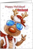 Happy Holidays Husband Cool funny Reindeer with Sunglasses V sign card