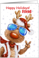 Happy Holidays Friend Cool funny Reindeer with Sunglasses V sign card