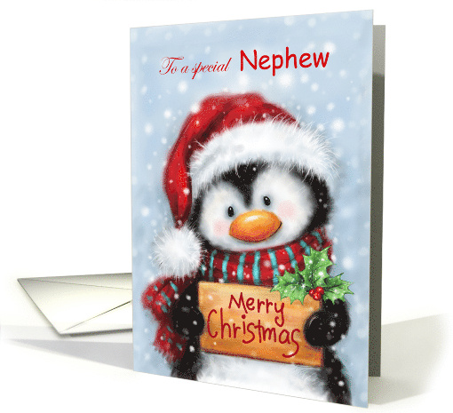 Merry Christmas Nephew Cute Penguin with Panel with Letters card
