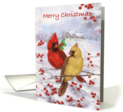 Merry Christmas Cardinal Couple on Berry Branch card (1695434)
