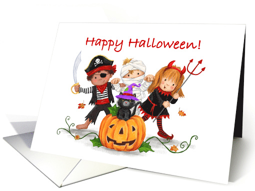 Happy Halloween Disguised Children and Black Cat card (1695548)