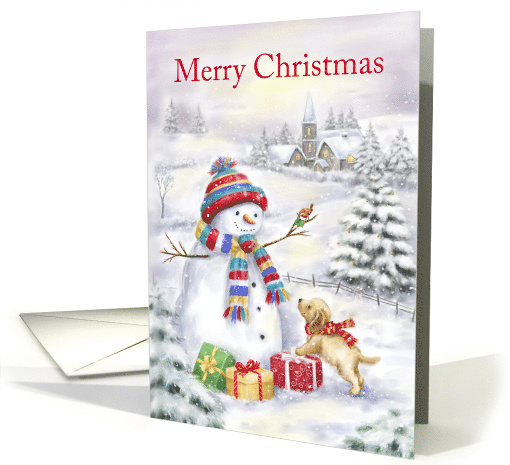 Merry Christmas Snowman and Dog in Snowy Village card (1695760)