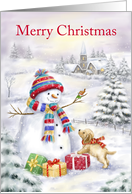 Merry Christmas Snowman and Dog in Snowy Village card