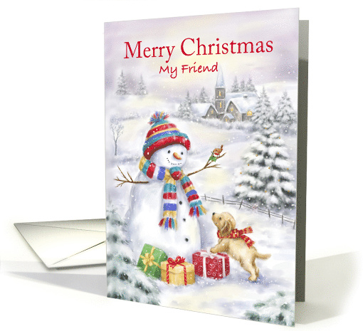 Merry Christmas Friend Snowman and Dog in Snowy Village card (1695762)