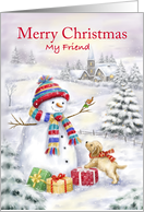 Merry Christmas Friend Snowman and Dog in Snowy Village card