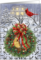 Merry Christmas Cardinals on Gate with Wreath card
