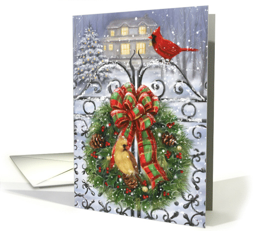 Season's Greetings Cardinal Birds on Gate with Wreath card (1709428)