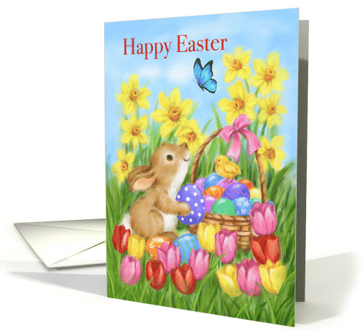 Happy Easter Rabbit with Eggs and Spring Flowers card (1722468)