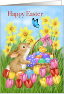 Happy Easter Rabbit with Eggs and Spring Flowers card