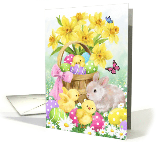 Happy Easter Rabbit and Chicks in Spring Flowers card (1722482)