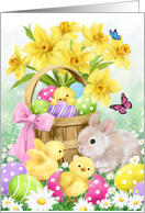 Happy Easter Rabbit and Chicks in Spring Flowers card