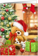 First baby Christmas Dog Sleeping on Big Teddy card