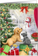 Merry Christmas Dog and Cat at Window card