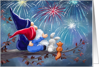Happy Holidays Gnomes and Friends looking Firework card