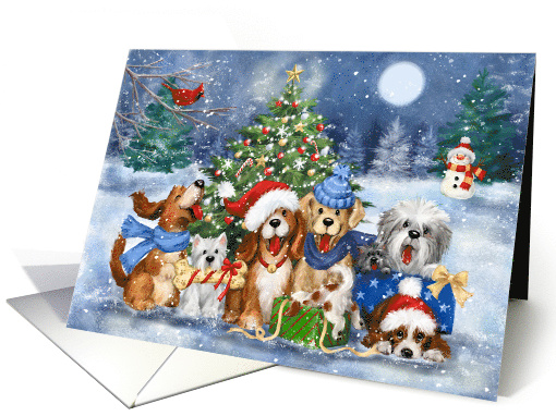 Merry Christmas Happy Dogs in front of Decorated Tree card (1752018)