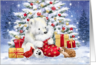 Happy Holidays Polar Bear and Sock in front of Decorated Tree card