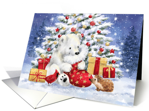 Merry Christmas Polar Bear and Sock in front of Decorated Tree card