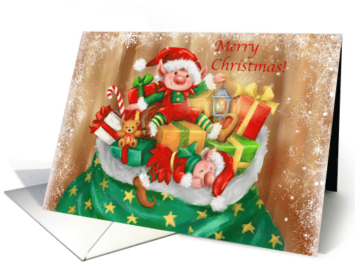 Merry Christmas Elves on Sac of Presents card (1752092)