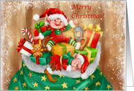 Merry Christmas Elves on Sac of Presents card