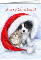 Merry Christmas Dog and Cat Friend under Hat card