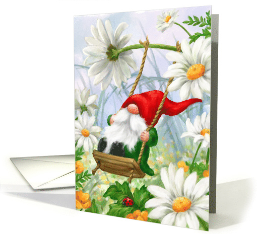 Cute Gnome on Swing in Flower field Daisies and Ladybug card (1766722)