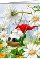 Cute Gnome on Swing in Flower field Daisies and Ladybug card