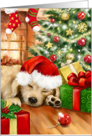Christmas Puppy Sleeping in Cozy Christmas Room card