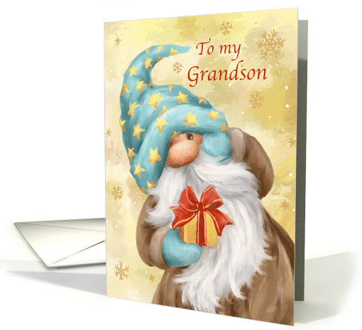 Grandson Merry Christmas Cute Gnome with Golden Present card (1773436)