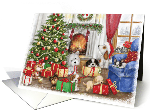Christmas Puppies playing in Cosy room card (1783372)