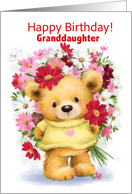 Cute Bear with Bunch of Flowers Happy Birthday Granddaughter card