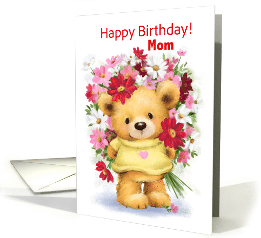 Cute Bear with a Bunch of Flowers Happy Birthday Mom card (1911184)
