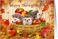 Hedgehogs in Basket with Apples Happy Thanksgiving from all of Us card