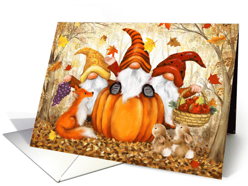 Gnomes with Autumn Fruits and Friends Happy Thanksgiving card