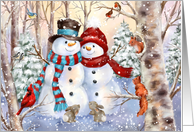 Snowman Couple with Forest Animals Happy Holidays card