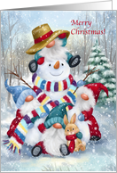 Gnomes with Snowman in Wood Merry Christmas card