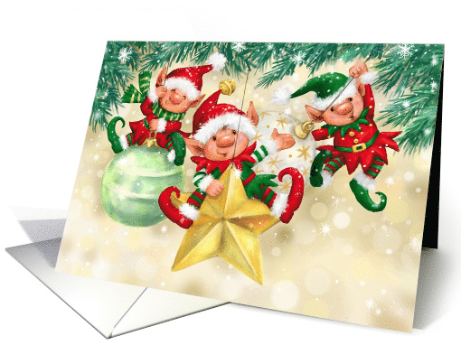 Elves Swinging on Baubles Merry Christmas card (1938650)