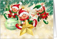 Elves Swinging on Baubles Merry Christmas card