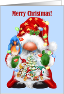 Gnome Santa with Blue Bird Merry Christmas card