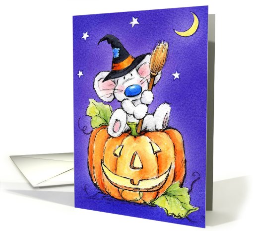 halloween mouse sitting on pumpkin card (498407)