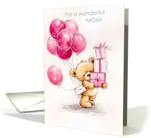 mother's birthday, bear with presents & balloons card (635759)