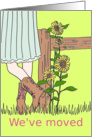 Sunflower Moving Announcement with cowgirl and wood fence Card