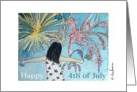 Happy 4th of July girl with American flag watching fireworks card