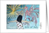 Happy 4th of July girl with American flag watching fireworks card