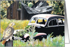 Thanksgiving Fall Scene Hawk Rusty Car Old Barn card