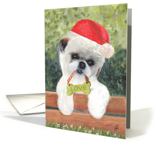 Shih Tzu Puppy Love Santa Hat Holiday Greetings card (1751028)