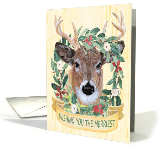 Season's Greetings Holiday Wildlife Deer Winter Wreath card (1873486)