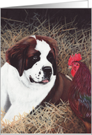 Saint Bernard Dog Breed Rhode Island Red Rooster Painting Portrait card